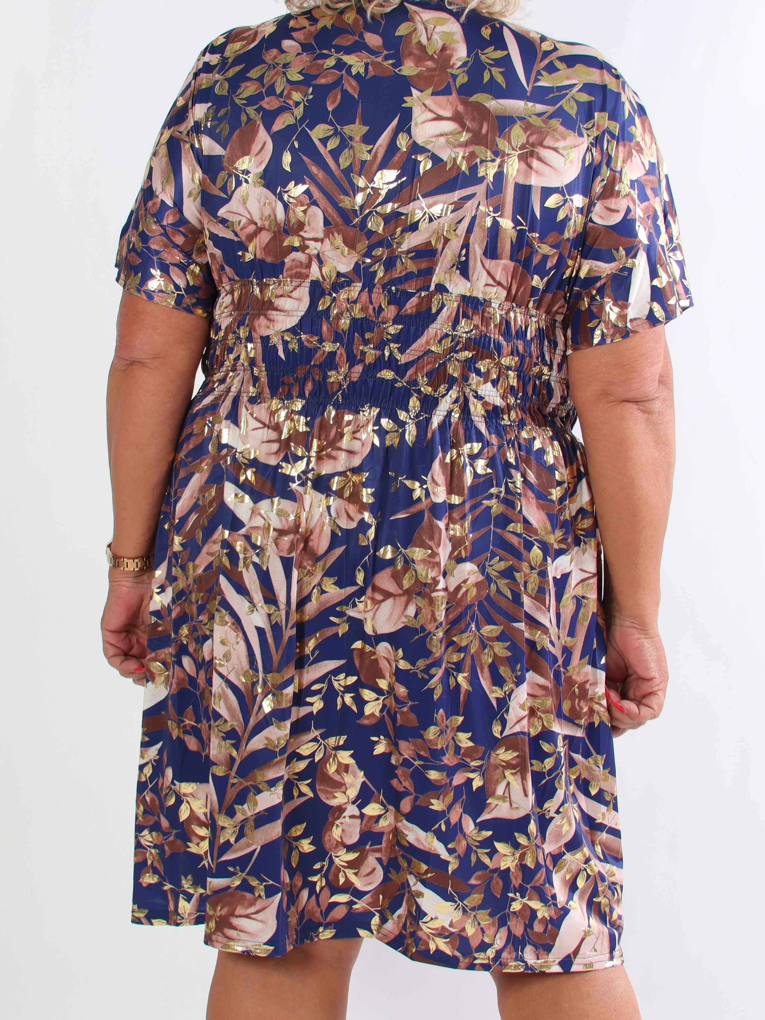Pams Gold Leaf Short - Plus size kjole med blomsterprint og guld detaljer